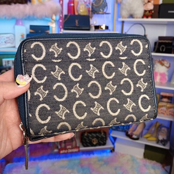 Celine Vintage Denim Mid Size Monogram Blue Leather Wallet Women’s men’s - Picture 1 of 11
